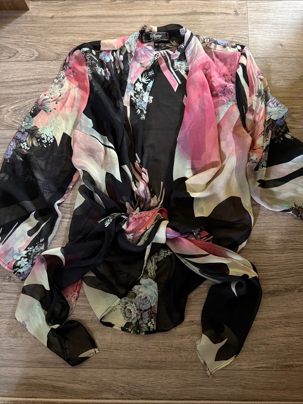 Sheer Floral Tie-Front Blouse Overup - Black & Pink